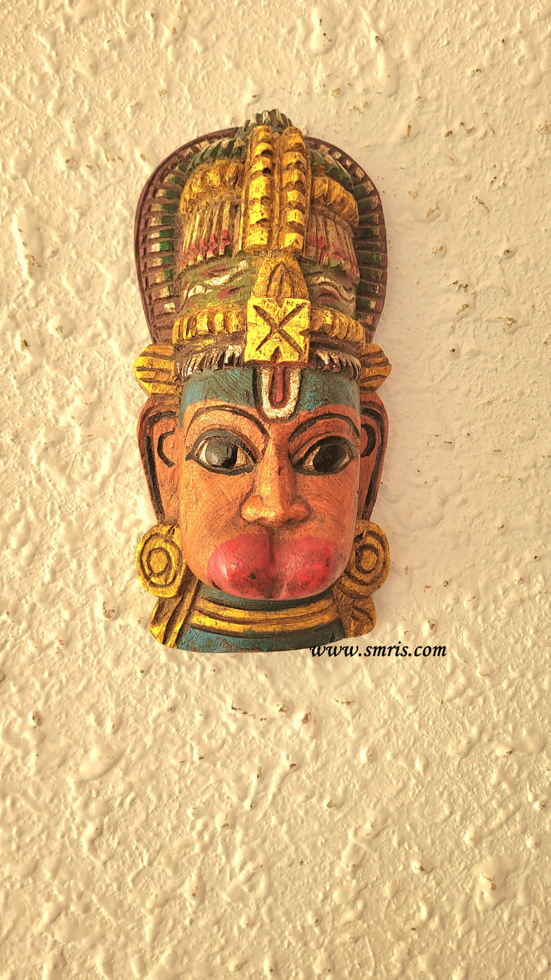 Hanuman Face Mask Wood Carving Wall Hanging Decor Traditional Indian Handicrafts (9H x 4.6L x 2.6W Inches)