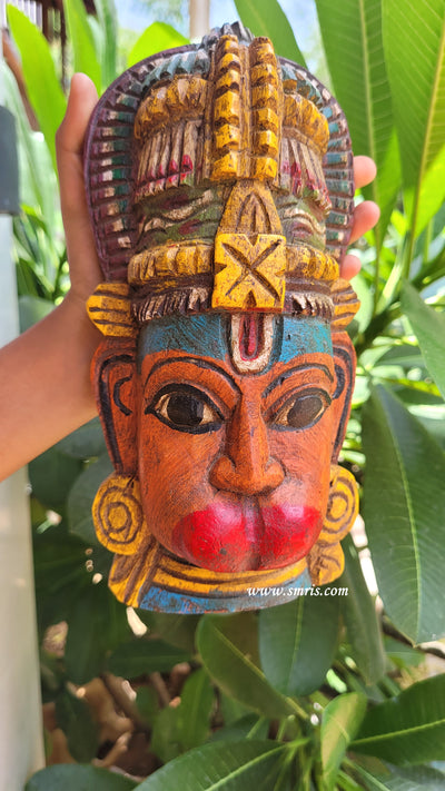 Hanuman Face Mask Wood Carving Wall Hanging Decor Traditional Indian Handicrafts (9H x 4.6L x 2.6W Inches)