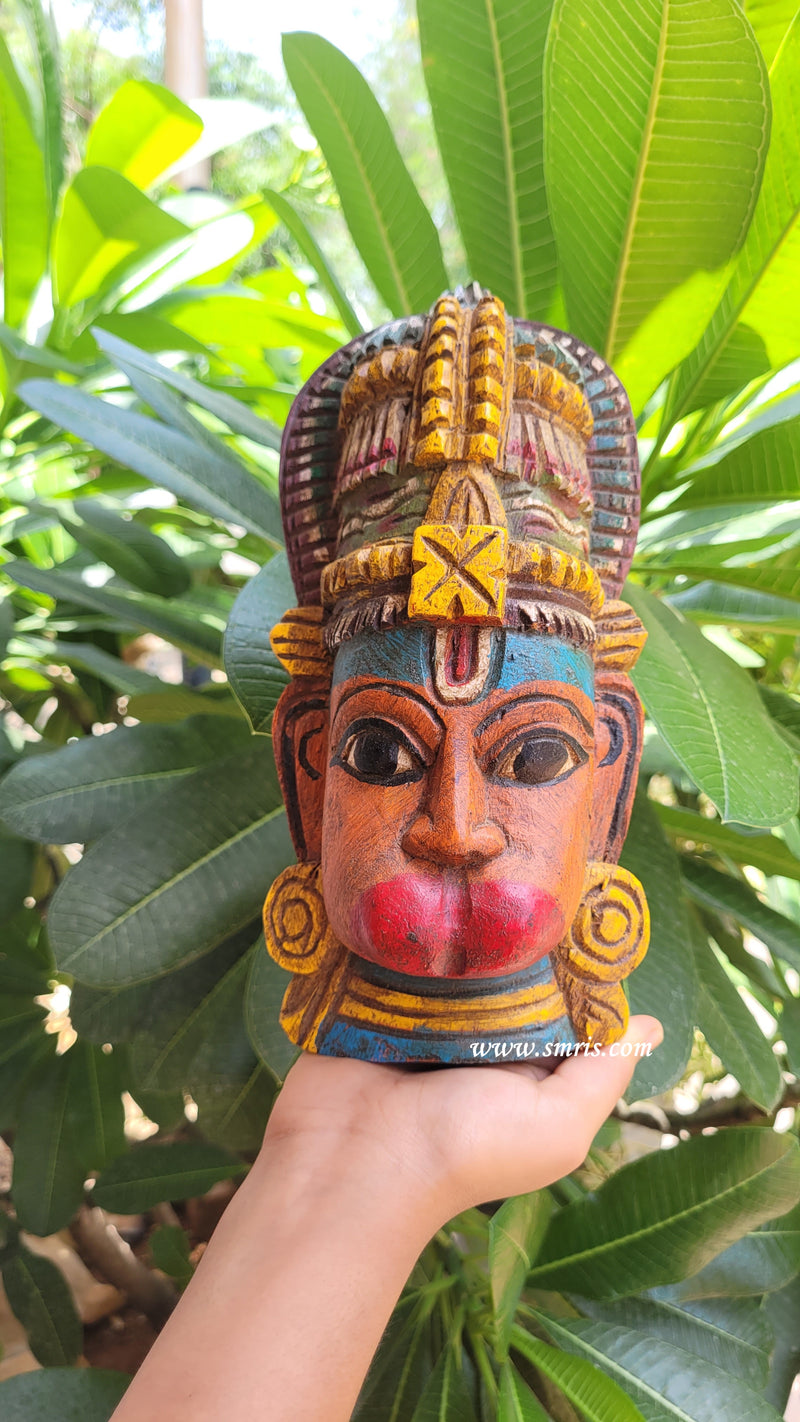 Hanuman Face Mask Wood Carving Wall Hanging Decor Traditional Indian Handicrafts (9H x 4.6L x 2.6W Inches)