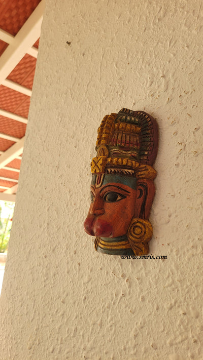 Hanuman Face Mask Wood Carving Wall Hanging Decor Traditional Indian Handicrafts (9H x 4.6L x 2.6W Inches)