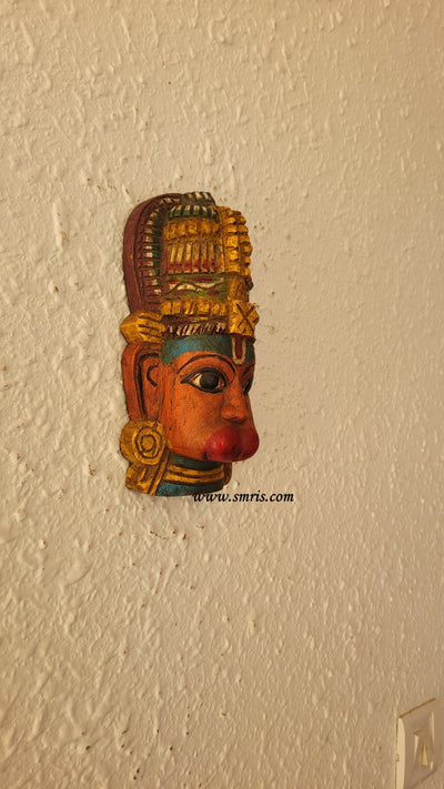 Hanuman Face Mask Wood Carving Wall Hanging Decor Traditional Indian Handicrafts (9H x 4.6L x 2.6W Inches)