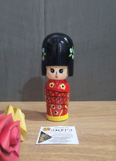 Japanese Lady Doll Red Wood Carving Hand Painted Made In India (6H * 2L * 2W) inches Showpiece Home Decor