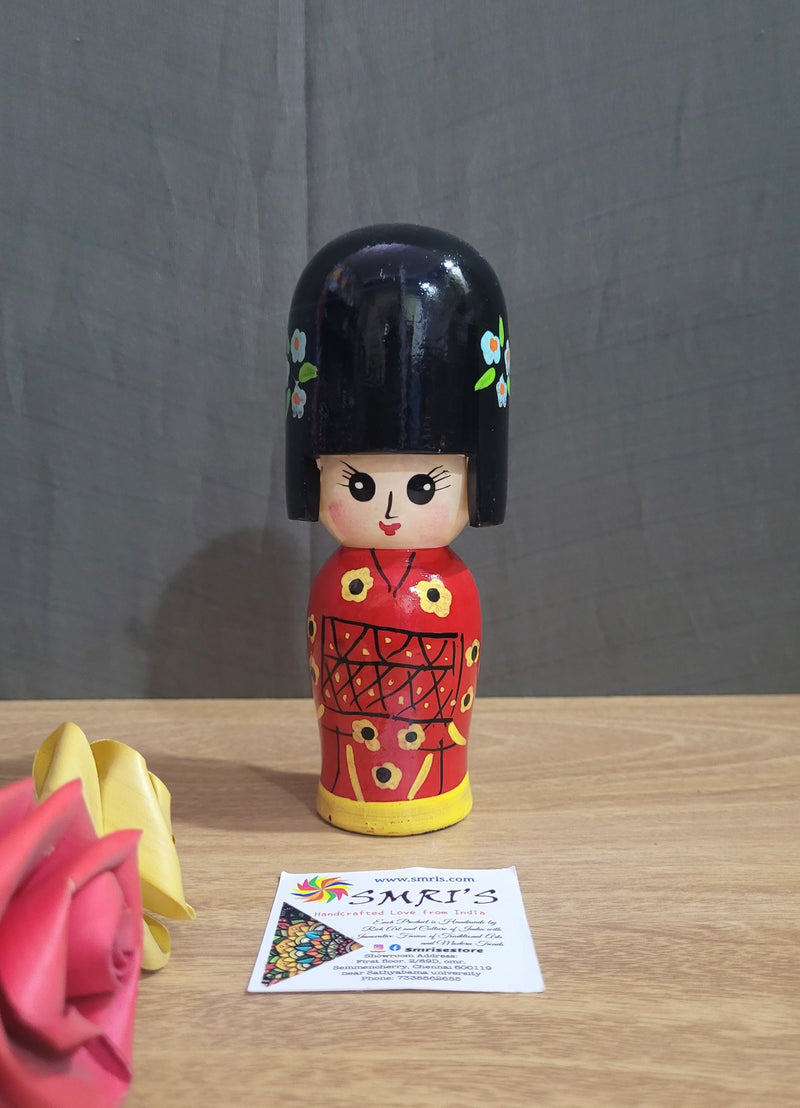 Japanese Lady Doll Red Wood Carving Hand Painted Made In India (6H * 2L * 2W) inches Showpiece Home Decor
