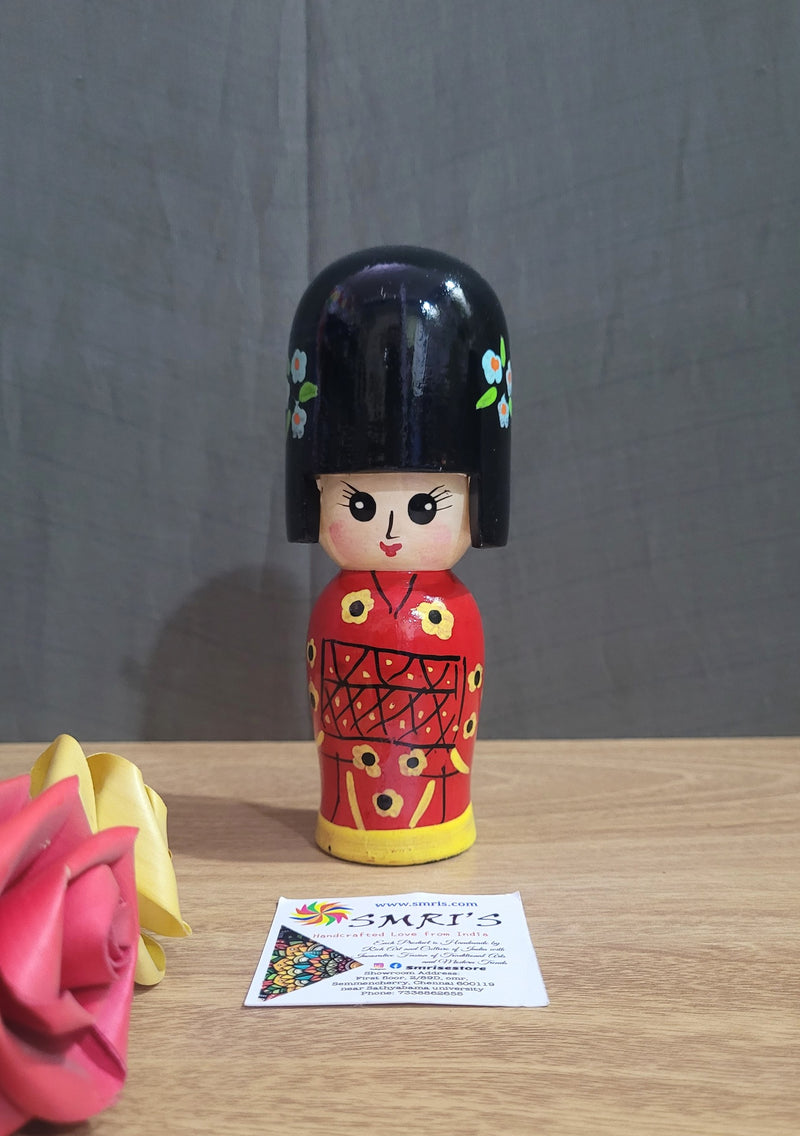 Japanese Lady Doll Red Wood Carving Hand Painted Made In India (6H * 2L * 2W) inches Showpiece Home Decor