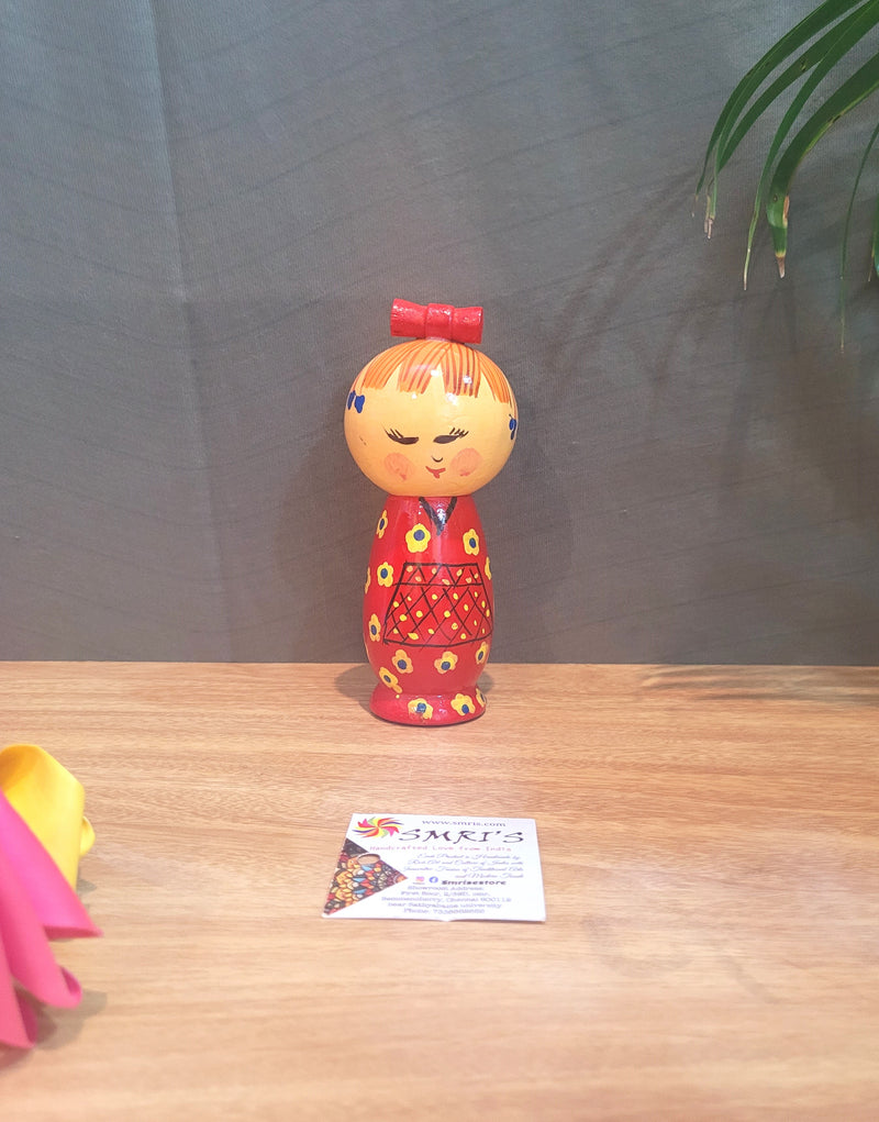 Japanese Single Doll Red in wood carving hand painted made in india (6H * 2.5L * 2.5W) inches Showpiece Home Decor