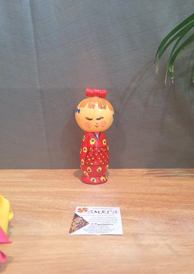 Japanese Single Doll Red in wood carving hand painted made in india (6H * 2.5L * 2.5W) inches Showpiece Home Decor