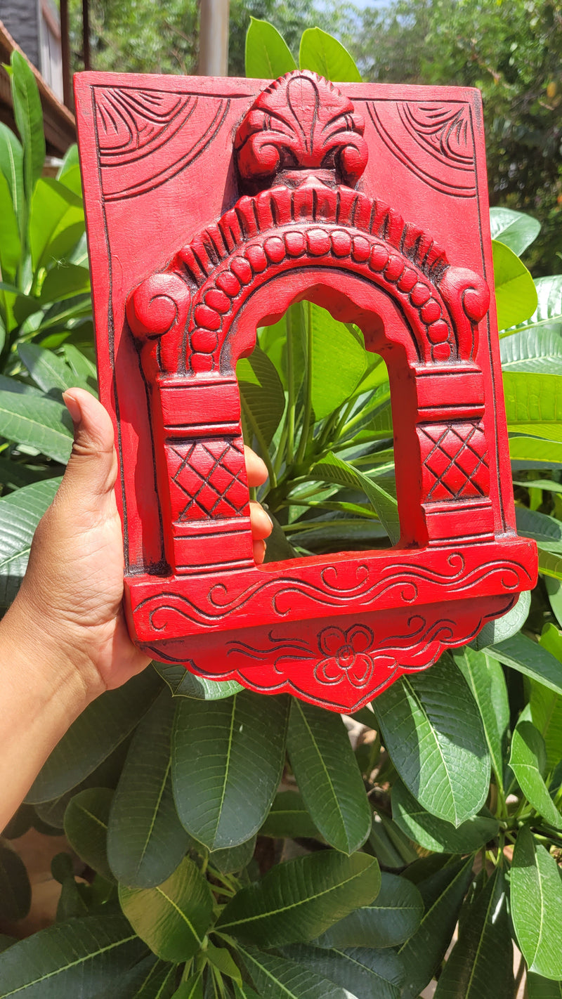 Jaroka jaruka jharokha Frame Red Wood Carving Wall Hanging Decor Traditional Indian Handicrafts (12H x 8L x 1.5W Inches)