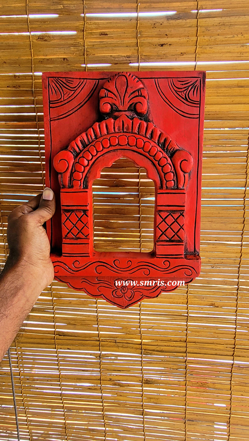 Jaroka jaruka jharokha Frame Red Wood Carving Wall Hanging Decor Traditional Indian Handicrafts (12H x 8L x 1.5W Inches)