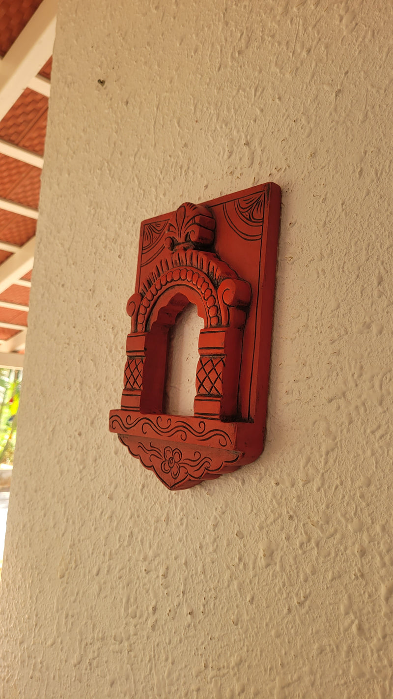 Jaroka jaruka jharokha Frame Red Wood Carving Wall Hanging Decor Traditional Indian Handicrafts (12H x 8L x 1.5W Inches)