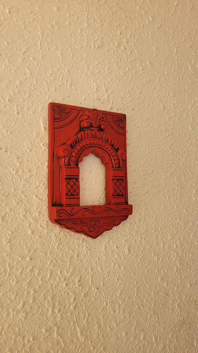 Jaroka jaruka jharokha Frame Red Wood Carving Wall Hanging Decor Traditional Indian Handicrafts (12H x 8L x 1.5W Inches)