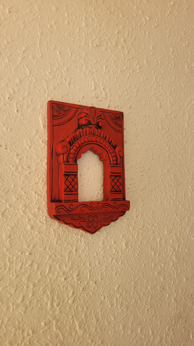Jaroka jaruka jharokha Frame Red Wood Carving Wall Hanging Decor Traditional Indian Handicrafts (12H x 8L x 1.5W Inches)