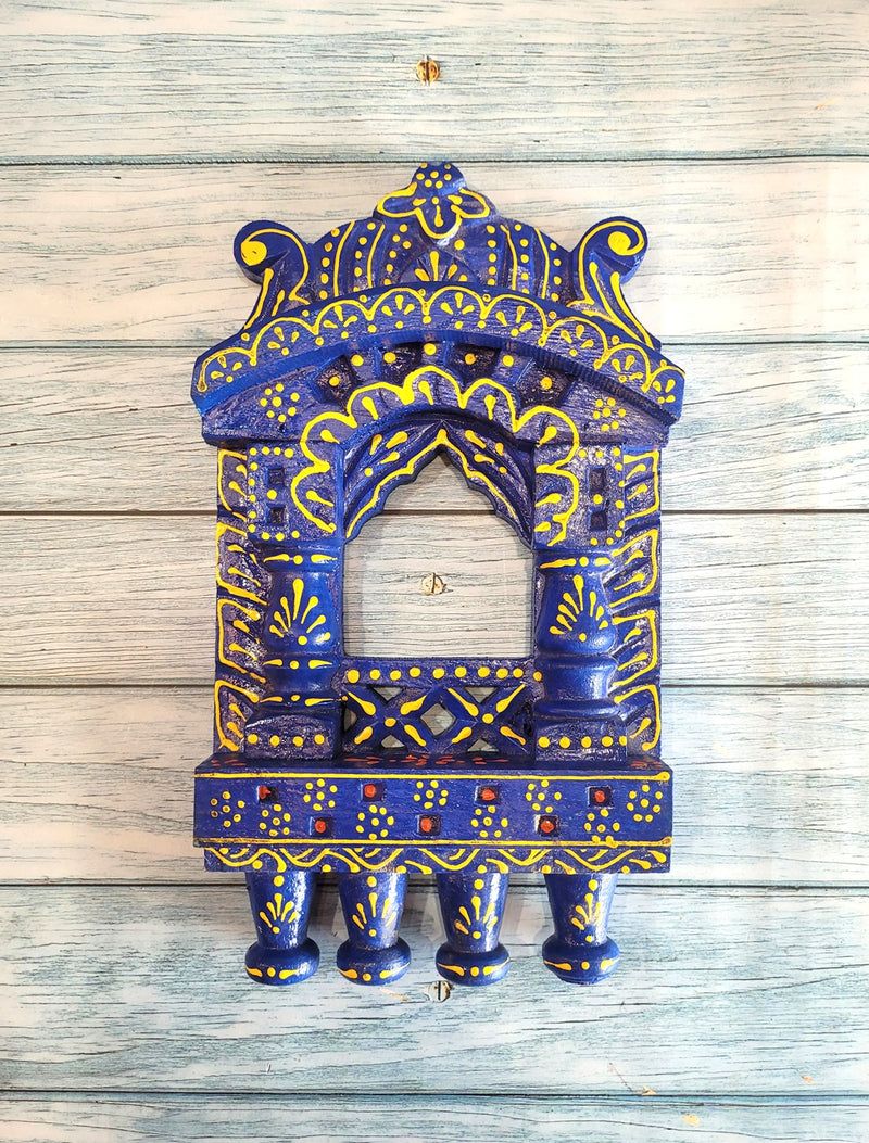 Jharokha Mahal Frame Dark Blue Mango Wood Carving Design 6 Wall Hanging Decor Traditional Indian Handicrafts (11H x 6.5L x 2W Inches)