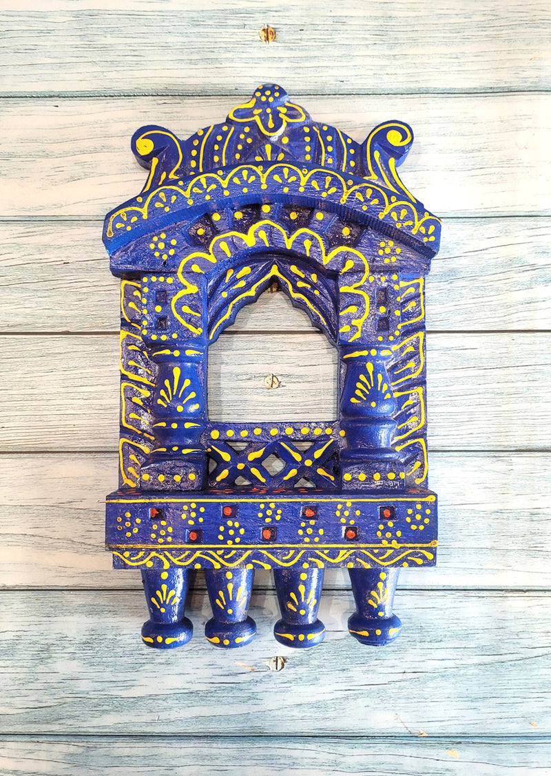 Jharokha Mahal Frame Dark Blue Mango Wood Carving Design 6 Wall Hanging Decor Traditional Indian Handicrafts (11H x 6.5L x 2W Inches)