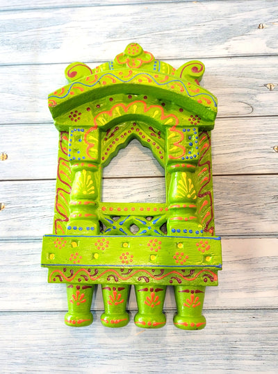 Jharokha Mahal Frame Green Mango Wood Carving Design 9 Wall Hanging Decor Traditional Indian Handicrafts (11H x 6.5L x 2W Inches)