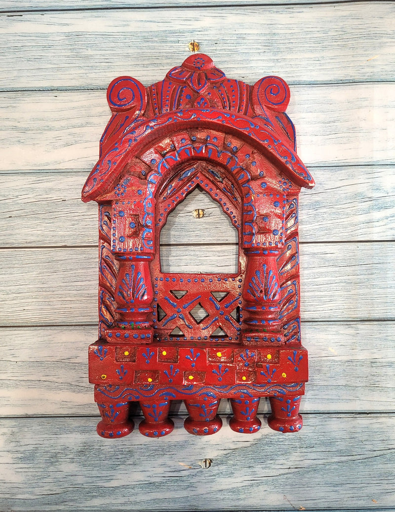 Jharokha Mahal Frame Red Mango Wood Carving Design 4 Wall Hanging Decor Traditional Indian Handicrafts (11H x 6.5L x 2W Inches)
