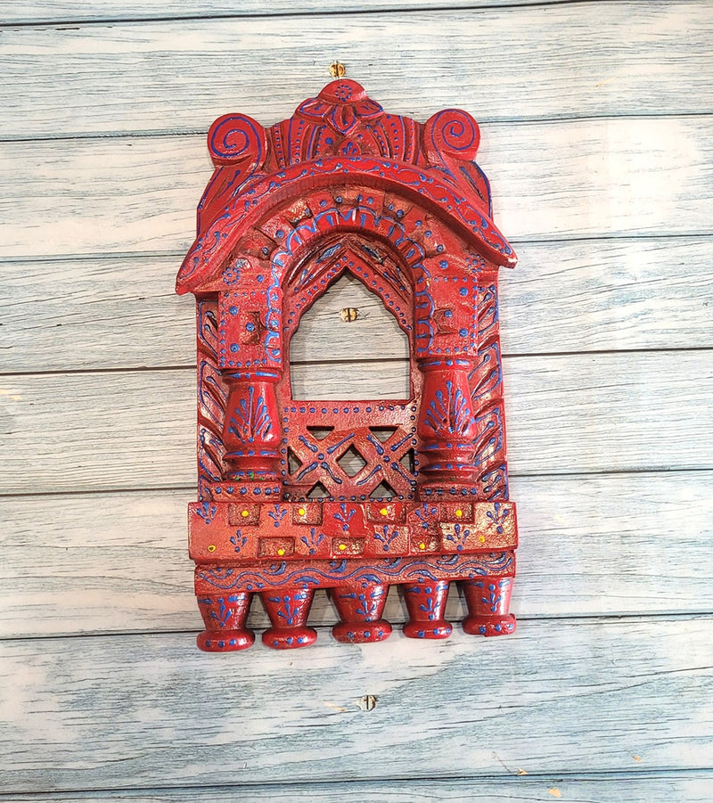 Jharokha Mahal Frame Red Mango Wood Carving Design 4 Wall Hanging Decor Traditional Indian Handicrafts (11H x 6.5L x 2W Inches)