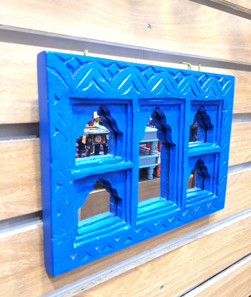Jharokha Mirror Mango Wooden 5 Temple Shaped Frame Blue Wall Decor Traditional Indian Handicrafts (9H * 12L * 1.5W) inches Rustic Painted Wood Carving Jaroka Jarokha