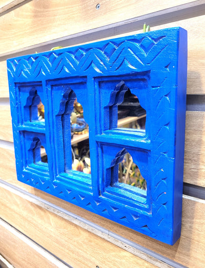 Jharokha Mirror Mango Wooden 5 Temple Shaped Frame Blue Wall Decor Traditional Indian Handicrafts (9H * 12L * 1.5W) inches Rustic Painted Wood Carving Jaroka Jarokha