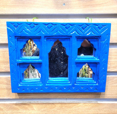 Jharokha Mirror Mango Wooden 5 Temple Shaped Frame Blue Wall Decor Traditional Indian Handicrafts (9H * 12L * 1.5W) inches Rustic Painted Wood Carving Jaroka Jarokha