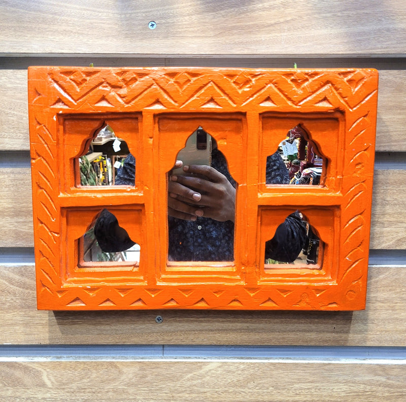 Jharokha Mirror Mango Wooden 5 Temple Shaped Frame Orange Rustic Painted Wall Decor Traditional Indian Handicrafts (9H x 12L x 1.5W Inches) Wood Carving Jaroka Jarokha
