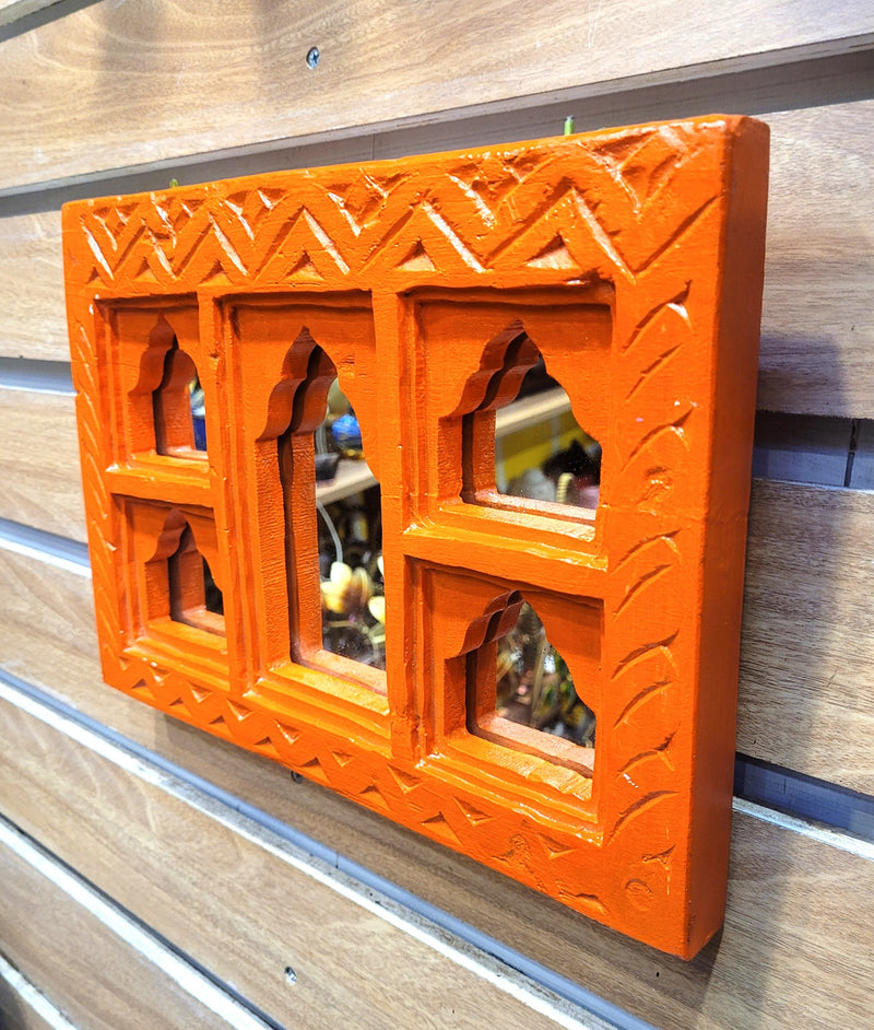 Jharokha Mirror Mango Wooden 5 Temple Shaped Frame Orange Rustic Painted Wall Decor Traditional Indian Handicrafts (9H x 12L x 1.5W Inches) Wood Carving Jaroka Jarokha