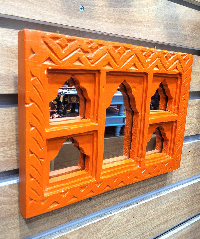 Jharokha Mirror Mango Wooden 5 Temple Shaped Frame Orange Rustic Painted Wall Decor Traditional Indian Handicrafts (9H x 12L x 1.5W Inches) Wood Carving Jaroka Jarokha