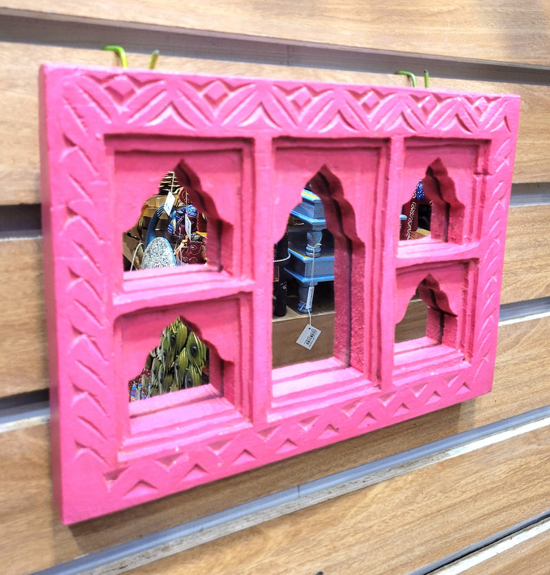 Jharokha Mirror Mango Wooden 5 Temple Shaped Frame Pink Wall Decor Traditional Indian Handicrafts (9H * 12L * 1.5W) inches Rustic Painted Wood Carving Jaroka Jarokha