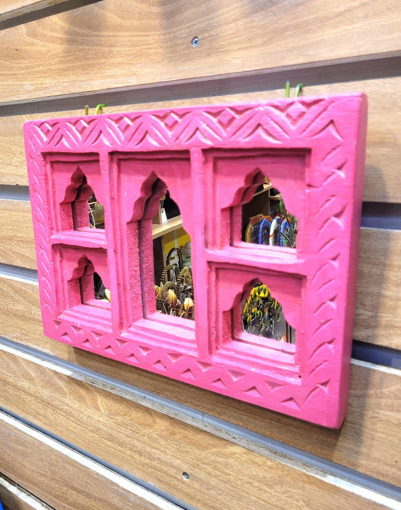 Jharokha Mirror Mango Wooden 5 Temple Shaped Frame Pink Wall Decor Traditional Indian Handicrafts (9H * 12L * 1.5W) inches Rustic Painted Wood Carving Jaroka Jarokha