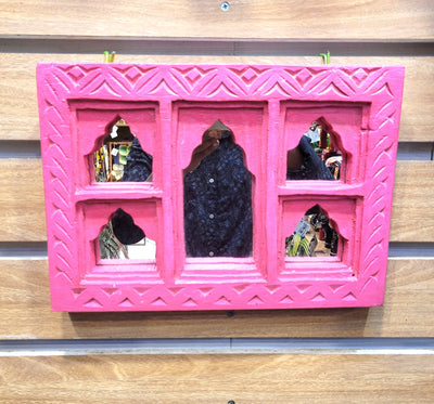 Jharokha Mirror Mango Wooden 5 Temple Shaped Frame Pink Wall Decor Traditional Indian Handicrafts (9H * 12L * 1.5W) inches Rustic Painted Wood Carving Jaroka Jarokha
