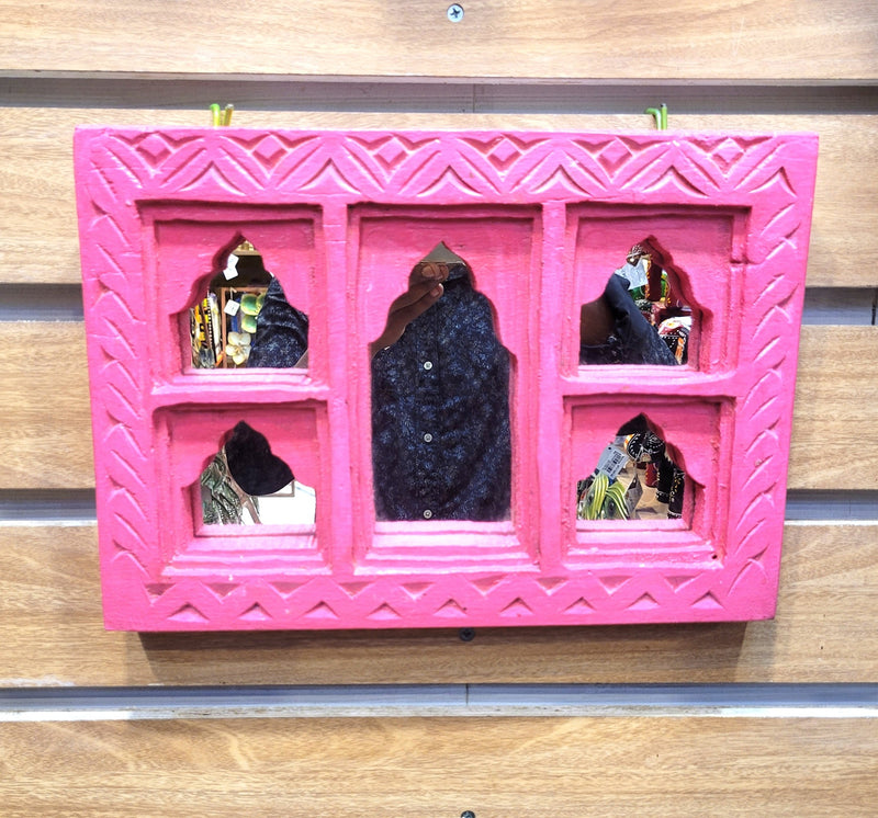 Jharokha Mirror Mango Wooden 5 Temple Shaped Frame Pink Wall Decor Traditional Indian Handicrafts (9H * 12L * 1.5W) inches Rustic Painted Wood Carving Jaroka Jarokha