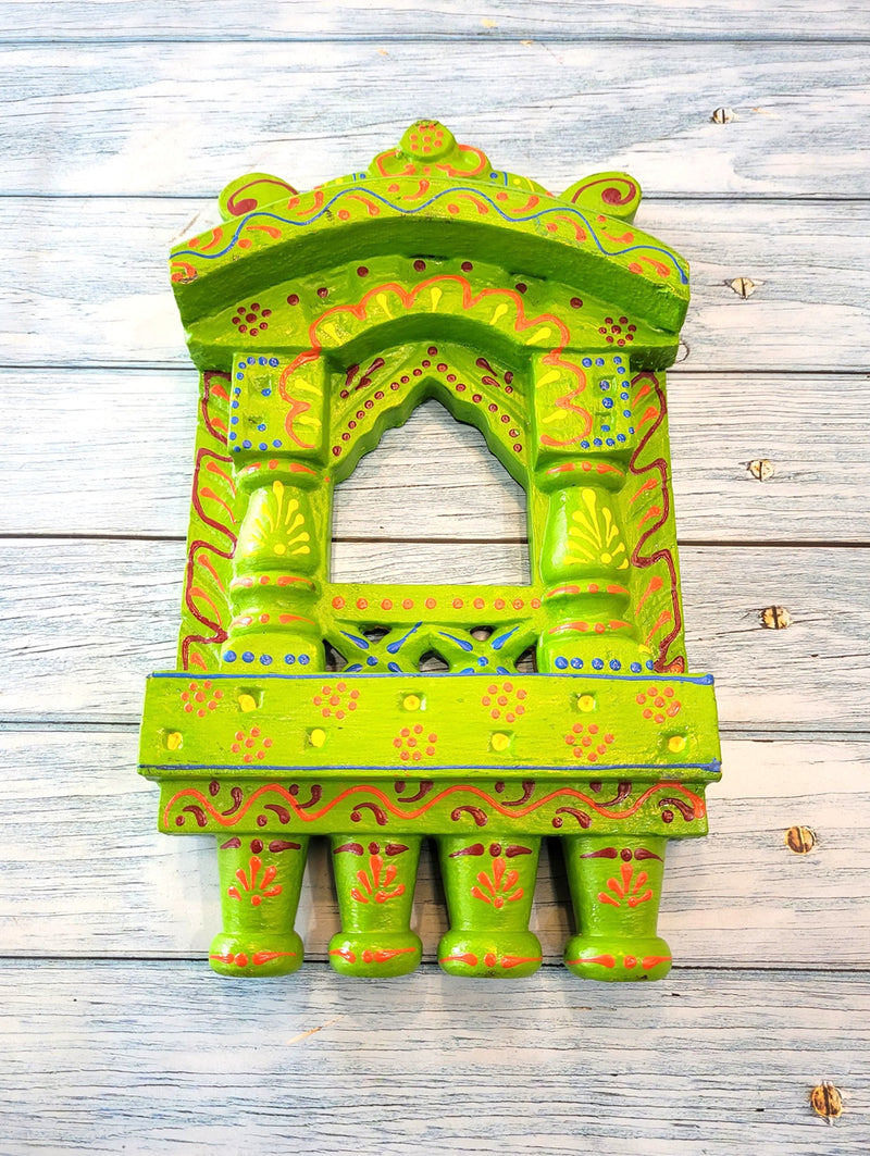 Jharokha Mahal Frame Green Mango Wood Carving Design 9 Wall Hanging Decor Traditional Indian Handicrafts (11H x 6.5L x 2W Inches)