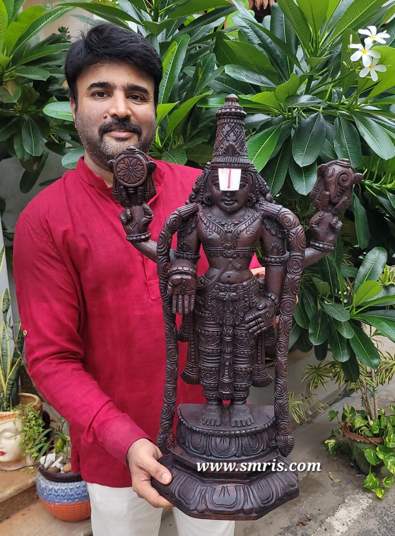 Lord Kalyana Balaji / Perumal Blue Colour Wooden Statue Idol 24Inch Pooja Idol Table Decor Entrance Decor Vaagai Wood Carving Traditional Indian Handicrafts (24H x 13L x 6W Inches)