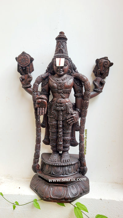 Lord Kalyana Balaji / Perumal Blue Colour Wooden Statue Idol 24Inch Pooja Idol Table Decor Entrance Decor Vaagai Wood Carving Traditional Indian Handicrafts (24H x 13L x 6W Inches)