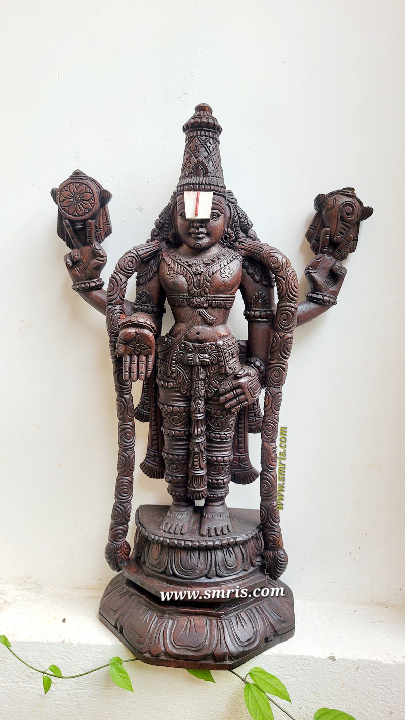 Lord Kalyana Balaji / Perumal Blue Colour Wooden Statue Idol 24Inch Pooja Idol Table Decor Entrance Decor Vaagai Wood Carving Traditional Indian Handicrafts (24H x 13L x 6W Inches)