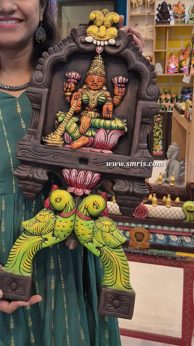 Goddess Lakshmi Kavadi With Twin Parrots Kavadi 24 Inch Wall Panel Mahogany Wood Carving Wall Panel Wall Decor Pooja Decor Traditional Chettinad Handicrafts (24H x 11L x 2W Inches)