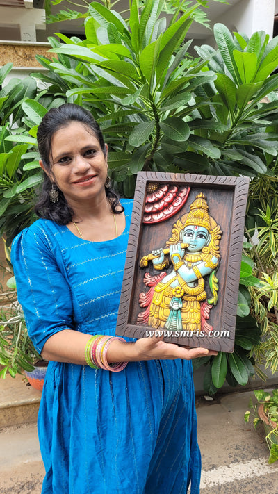 Lord Krishna Playing Flute Wooden Wall Panel Frame 15 Inch Wall Hanging Mahogany Wood Carving Puja Room Decor Traditional Chettinad Indian Handicrafts (15 H x 10 L x 2 W Inches)