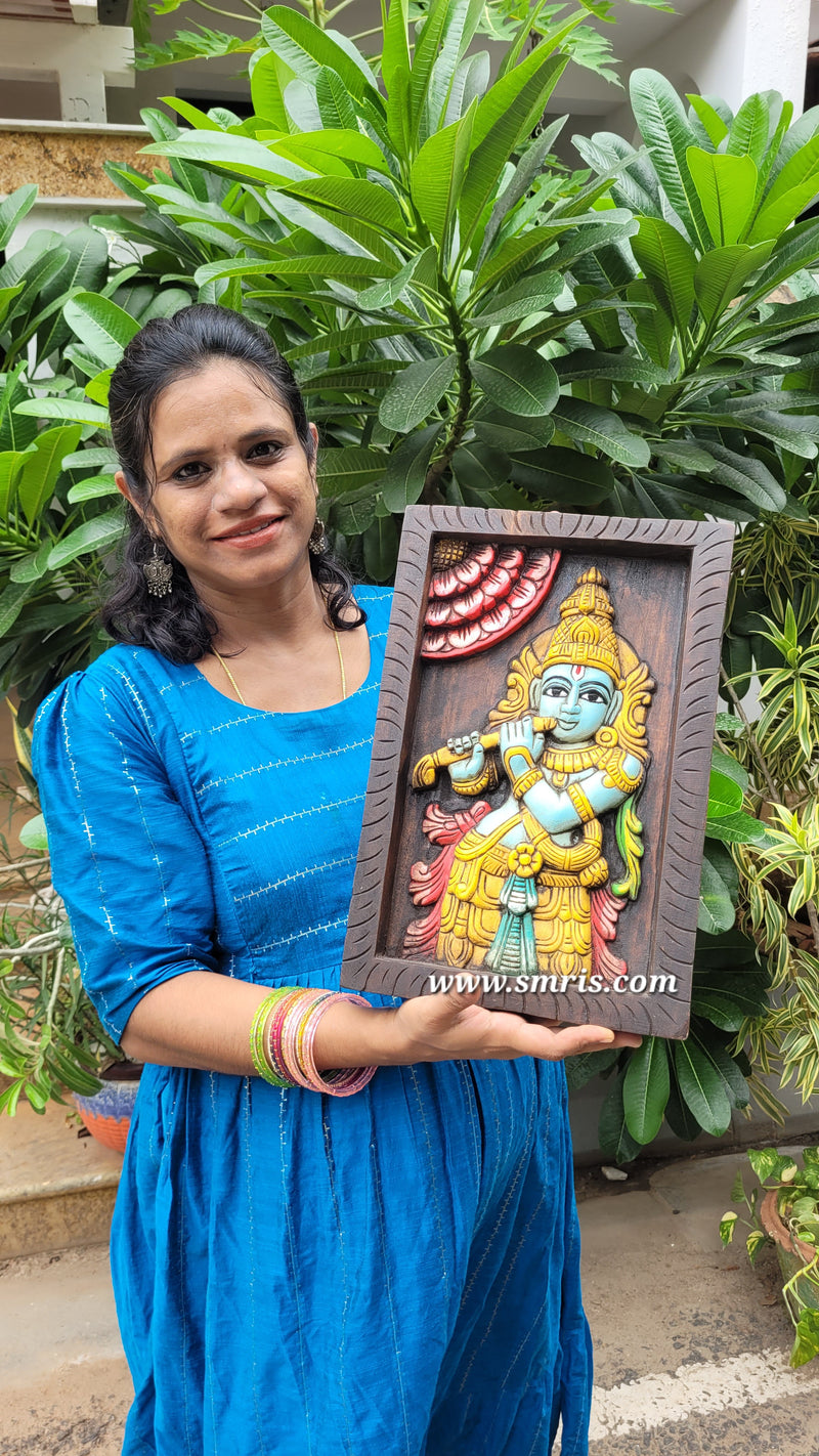 Lord Krishna Playing Flute Wooden Wall Panel Frame 15 Inch Wall Hanging Mahogany Wood Carving Puja Room Decor Traditional Chettinad Indian Handicrafts (15 H x 10 L x 2 W Inches)