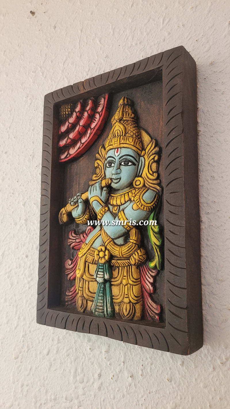 Lord Krishna Playing Flute Wooden Wall Panel Frame 15 Inch Wall Hanging Mahogany Wood Carving Puja Room Decor Traditional Chettinad Indian Handicrafts (15 H x 10 L x 2 W Inches)