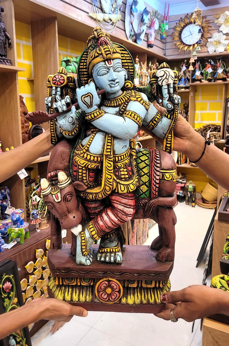 Lord Krishna Playing Flute With Cow Wooden Statue Idol Table Decor 24 Inch Mahogany Wood Carving Traditional Chettinad Indian Handicrafts (24H x 12L x 5W Inches)