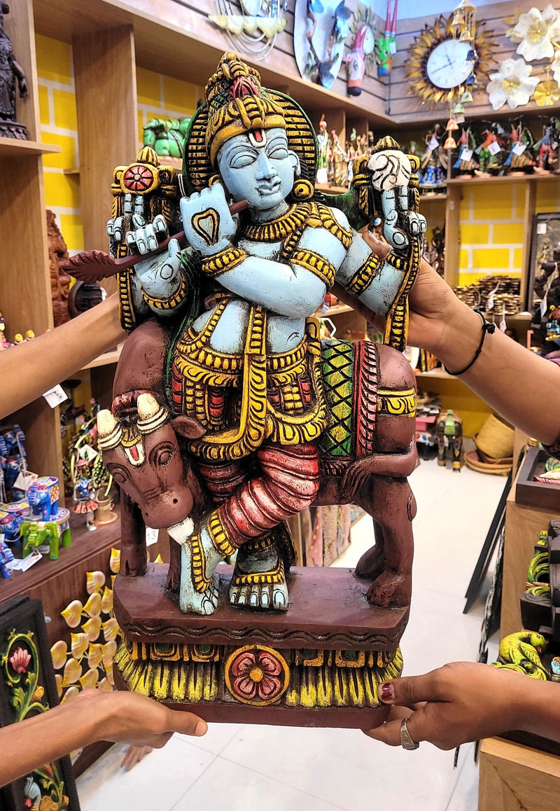 Lord Krishna Playing Flute With Cow Wooden Statue Idol Table Decor 24 Inch Mahogany Wood Carving Traditional Chettinad Indian Handicrafts (24H x 12L x 5W Inches)