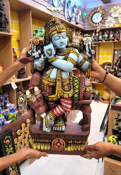Lord Krishna Playing Flute With Cow Wooden Statue Idol Table Decor 24 Inch Mahogany Wood Carving Traditional Chettinad Indian Handicrafts (24H x 12L x 5W Inches)