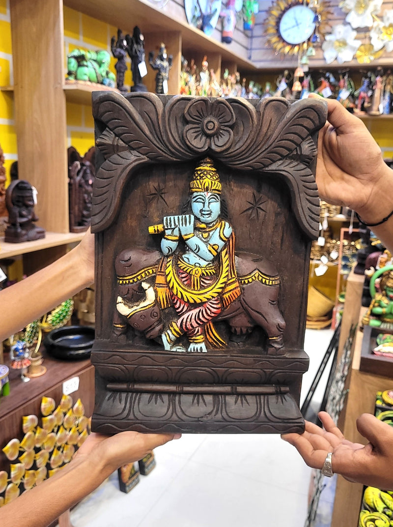 Lord Krishna Playing Flute With Cow Wooden Wall Panel 15 Inch Wall Hanging Mahogany Wood Carving Traditional Chettinad Indian Handicrafts (15H x 10L x 2W Inches)