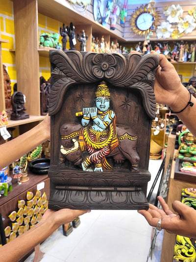 Lord Krishna Playing Flute With Cow Wooden Wall Panel 15 Inch Wall Hanging Mahogany Wood Carving Traditional Chettinad Indian Handicrafts (15H x 10L x 2W Inches)