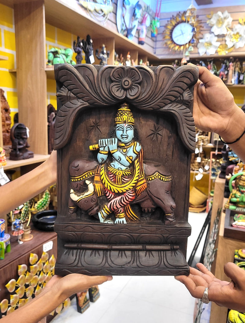 Lord Krishna Playing Flute With Cow Wooden Wall Panel 15 Inch Wall Hanging Mahogany Wood Carving Traditional Chettinad Indian Handicrafts (15H x 10L x 2W Inches)