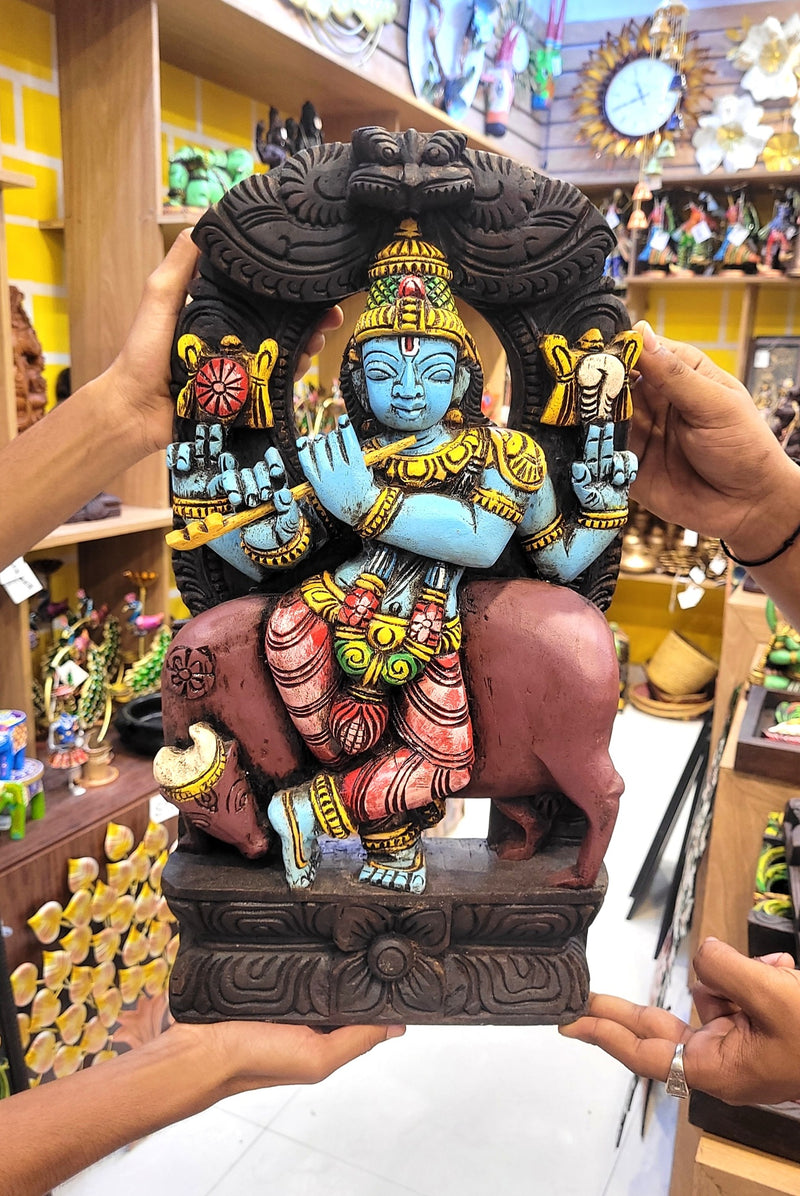 Lord Krishna Playing Flute With Cow Wooden Statue Idol Table Decor 18 Inch Wall Hanging Mahogany Wood Carving Traditional Chettinad Indian Handicrafts (18H x 10L x 3 W Inches)