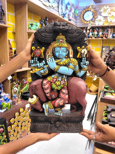 Lord Krishna Playing Flute With Cow Wooden Statue Idol Table Decor 18 Inch Wall Hanging Mahogany Wood Carving Traditional Chettinad Indian Handicrafts (18H x 10L x 3 W Inches)