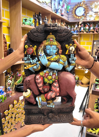 Lord Krishna Playing Flute With Cow Wooden Statue Idol Table Decor 18 Inch Wall Hanging Mahogany Wood Carving Traditional Chettinad Indian Handicrafts (18H x 10L x 3 W Inches)