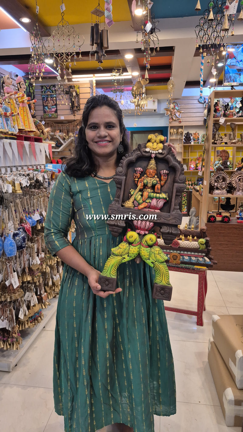 Goddess Lakshmi Kavadi With Twin Parrots Kavadi 24 Inch Wall Panel Mahogany Wood Carving Wall Panel Wall Decor Pooja Decor Traditional Chettinad Handicrafts (24H x 11L x 2W Inches)