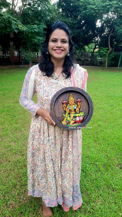 Goddess Mahalakshmi Round Wooden Wall Panel Frame | Traditional Indian Handicraft Decor (12x12x2 Inches)