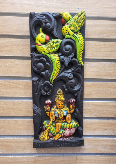 Goddess Lakshmi and 2 Parrot Wooden Wall Panel Mahogany Wood Carving Wall Frame Hanging Decor Traditional Chettinad Indian Handicrafts (24H x 9.5L x 2W Inches)